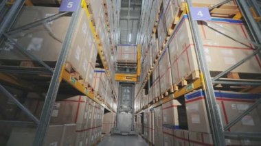 Modern forklift bir fabrika deposunda, bir depoda çalışıyor.