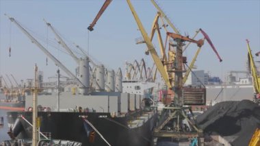 Limanda daha büyük vinçler, vinçler büyük malzemeler yüklüyor. Limandaki vinçlerin işi.