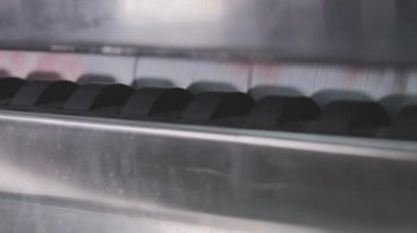 Duvar kağıdı üretimi, duvar kağıdı üretim süreci. Taşıyıcı hattında duvar kağıtlarının hareketi. Endüstriyel iç.