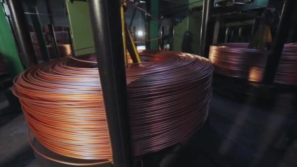 Clodeup Coils of copper cable reels wire industry. Modern cable factory. Production of cable. — Stock Video