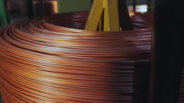 Clodeup Coils of copper cable reels wire industry. Modern cable factory. Production of cable. — Stock Video