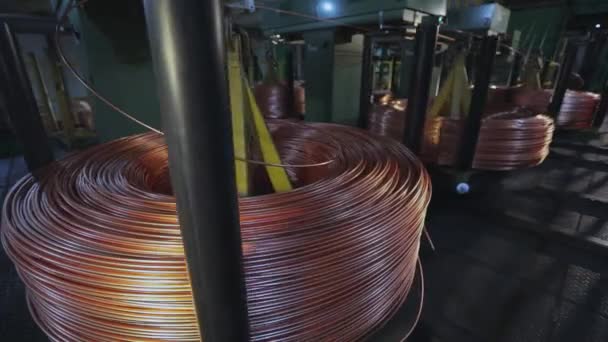 Modern cables factory. Production of cable. Close-up. Cable wire production and machines in factory. — Stock Video