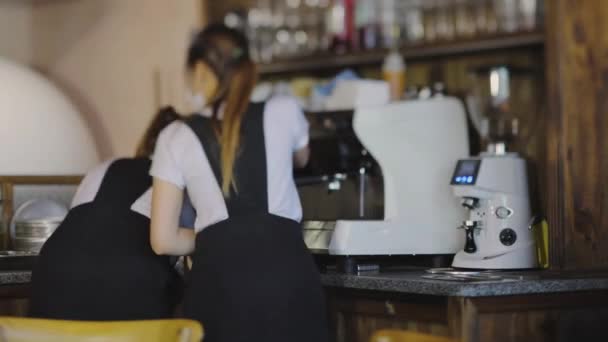 Barista zet koffie in een koffieshop, stijlvolle coffeeshop, workflow in een koffiehuis — Stockvideo