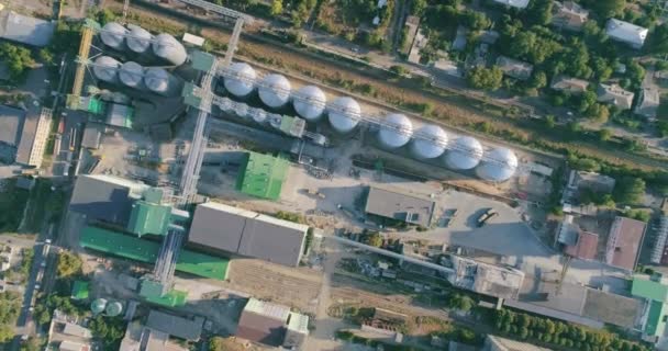 Silo com grão. Vista do tanque de armazenamento de grãos de cima. Armazenamento de grãos em grandes slots vista aérea — Vídeo de Stock