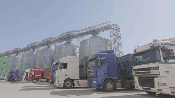 Vrachtwagens met tarwe op de achtergrond van silo 's. Tarweliften, vrachtwagens op de voorgrond. Track stop op de achtergrond van silo 's met tarwe — Stockvideo