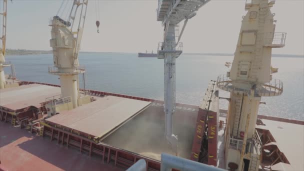 Nakládka pšenice na nákladní loď pro přepravu po moři. Loď je v přístavu naložena pšenicí. Vývoz pšenice. Vývoz z moře. Zemědělství — Stock video
