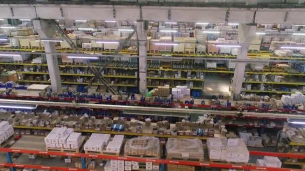 Gran almacén luminoso con largas filas. Largas filas de almacén con cajas de cartón. — Vídeo de stock