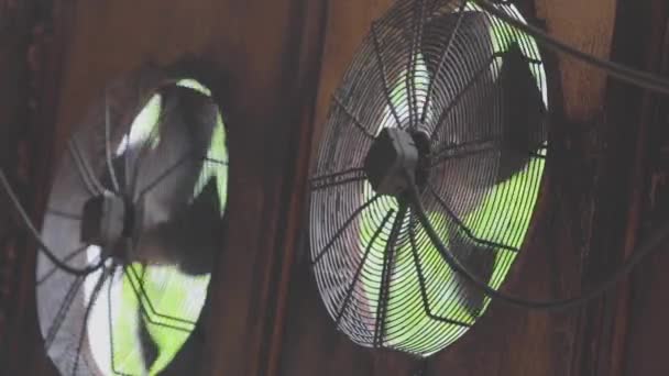 Close-up de fãs em uma fábrica. Ventilação da oficina com ventiladores industriais close-up — Vídeo de Stock