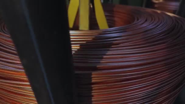 Clodeup Coils of copper cable reels wire industry. Modern cable factory. Production of cable. — Stock Video