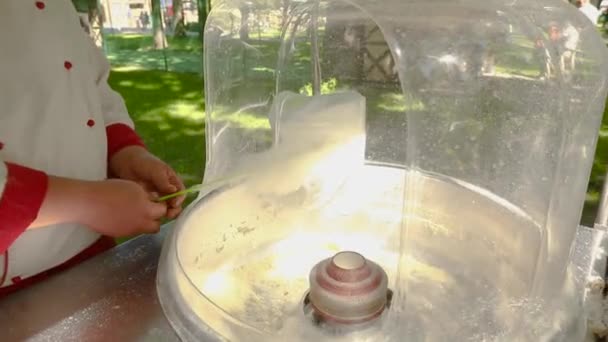 Zuckerwatte kochen im Park. Zuckerwatte herstellen. — Stockvideo