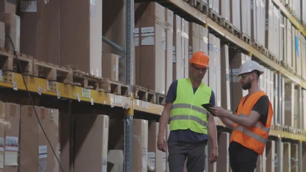 Dos trabajadores en un almacén están discutiendo el trabajo. Ingenieros en un almacén de fábrica — Vídeo de stock