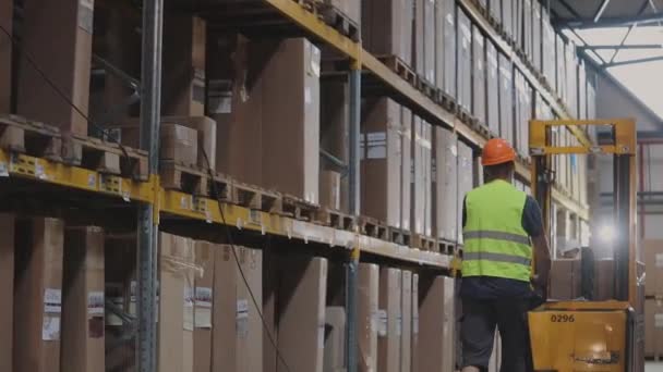 Dos trabajadores en un almacén están discutiendo el trabajo. Ingenieros en un almacén de fábrica — Vídeo de stock