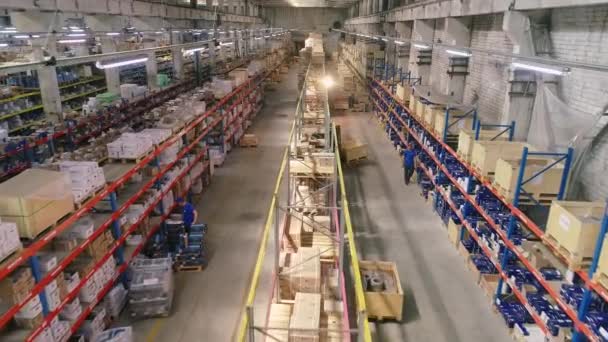 Large modern warehouse aerial view. Span over the rows of a large warehouse. Workflow process in stock. — Stock Video