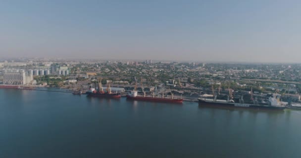 Grandes navios de carga no porto. Porto comercial com grandes navios de carga a partir do ar — Vídeo de Stock