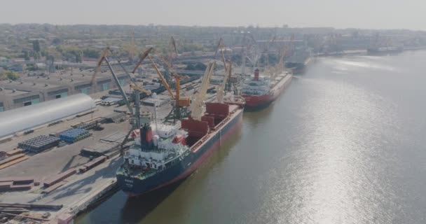Φόρτωση φορτηγού πλοίου σε θαλάσσιο λιμένα, εναέρια άποψη — Αρχείο Βίντεο