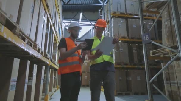 Dos personas en el almacén están discutiendo algo. Dos ingenieros en un almacén moderno. — Vídeos de Stock