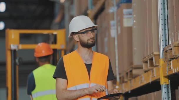 Le travailleur inspecte les marchandises dans l'entrepôt. Gestionnaire d'entrepôt saisit des données via une tablette — Video