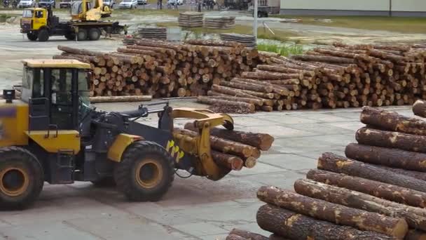 Werken in een fabriek, werkproces in een houtbewerkingsfabriek, werken aan een bulldozer, gele bulldozer in een fabriek — Stockvideo