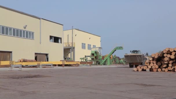 Arbeit in einer Fabrik, Arbeitsprozess in einer holzbearbeitenden Fabrik, Arbeit an einer Planierraupe, gelber Planierraupe in einer Fabrik — Stockvideo