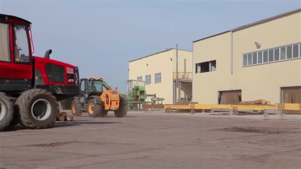 Красный грузовик с брёвнами на лесопилке, грузовик с брёвнами, перевозка брёвен — стоковое видео
