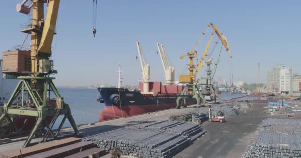 Załadunek statku towarowego, ogólny plan eksploatacji dźwigu w porcie — Wideo stockowe