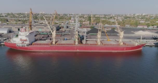 Trockener Frachter im Hafen. Hafenkran lädt Fracht in ein Trockenfrachtschiff — Stockvideo