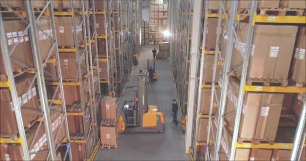 Många människor arbetar i lager. Panoramautsikt över ett modernt lager, många människor gör arbetet — Stockvideo