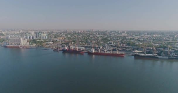 Grandes navios de carga no porto. Porto comercial com grandes navios de carga a partir do ar — Vídeo de Stock