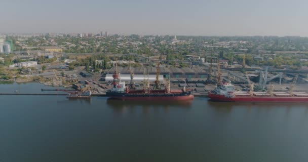 Trockener Frachter im Hafen. Hafenkran lädt Fracht in ein Trockenfrachtschiff — Stockvideo