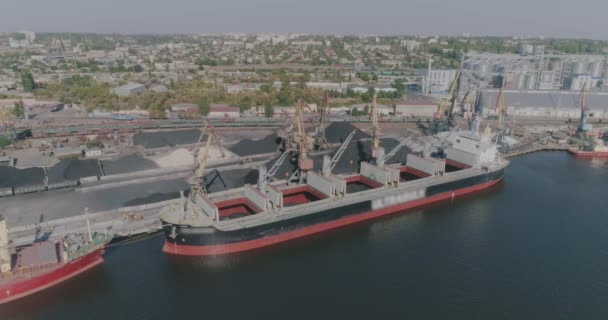 Hafenkran verlädt Fracht in ein Trockenfrachtschiff. Trockenes Frachtschiff im Hafen. — Stockvideo