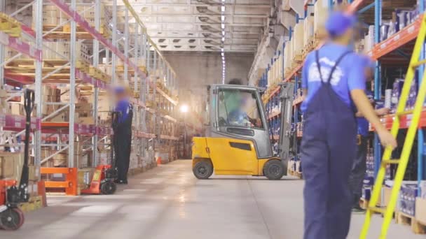 Carretilla elevadora en un gran almacén. La gente trabaja en un almacén. Interior industrial — Vídeos de Stock