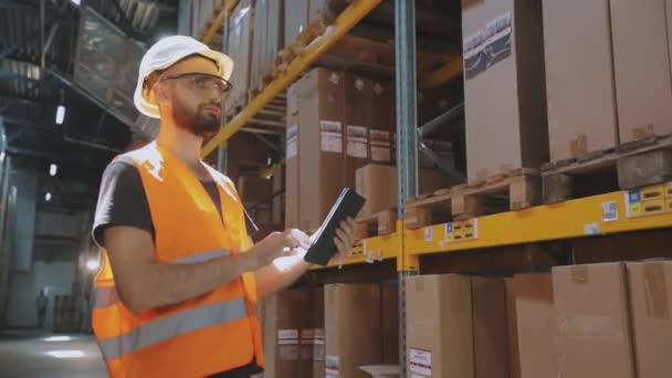 Le travailleur inspecte les marchandises dans l'entrepôt. Gestionnaire d'entrepôt saisit des données via une tablette — Video