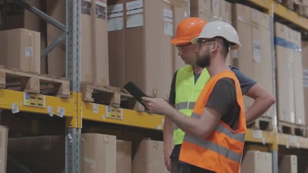 Két mérnök egy modern raktárban. Két ember a raktárban megvitat valamit.. — Stock videók
