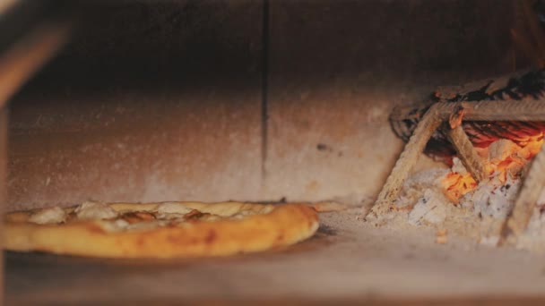 Пицца в каменной печи, пицца в духовке — стоковое видео