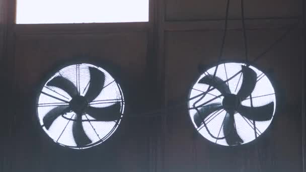 Industrial ventilators. Factory air circulation system. Rotating large fans in a factory — Stock Video