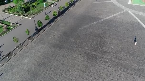 A woman stands alone in a large area, no one around is shot from the air. Lonely woman stands in the square view from the top — Stock Video