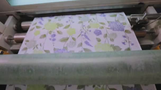 Producción de papel pintado en una línea transportadora, producción de papel pintado con impresión de flores — Vídeos de Stock