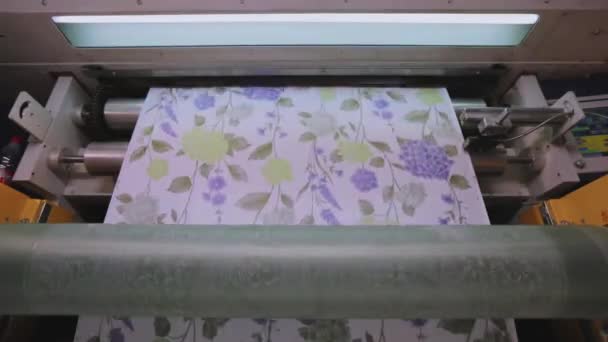 Impresión en papel pintado, el proceso de impresión de papel pintado utilizando una prensa de impresión — Vídeos de Stock