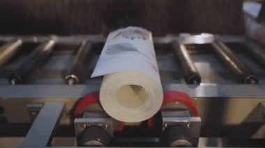 Duvar kağıdı rulosu. Duvar kağıdı fabrikasında konveyör hattı. Bir rulo duvar kağıdı ve bir taşıyıcı çizgi.