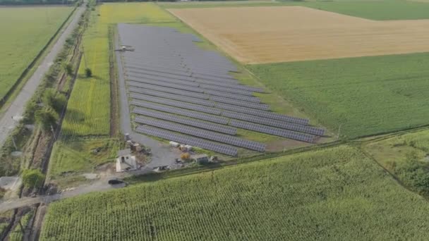 Fliegen über ein Feld von Sonnenkollektoren, um grüne Felder herum. Erneuerbare Energien, Solarmodule — Stockvideo