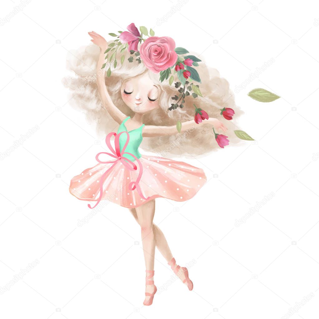 Aquarelle ballerina with floral wreath dancing on white background
