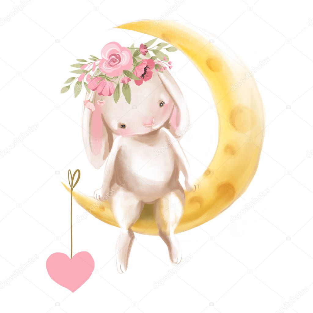 watercolor bunny with floral wreath sitting on yellow moon with hanging heart on white background