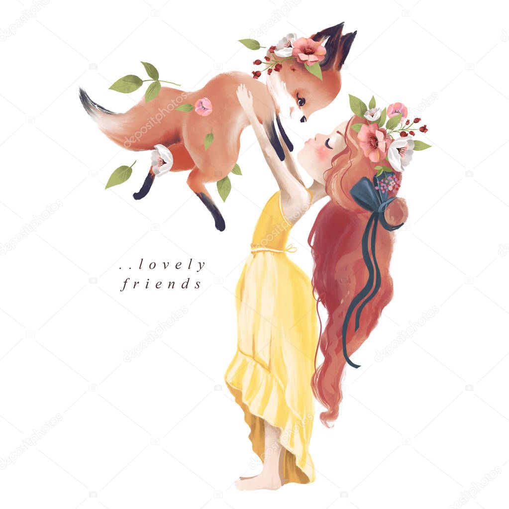 girl with floral wreath playing with baby fox on white background