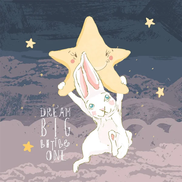 Hand Dras Baby Bunny Med Natt Star Och Moln Med — Stock vektor