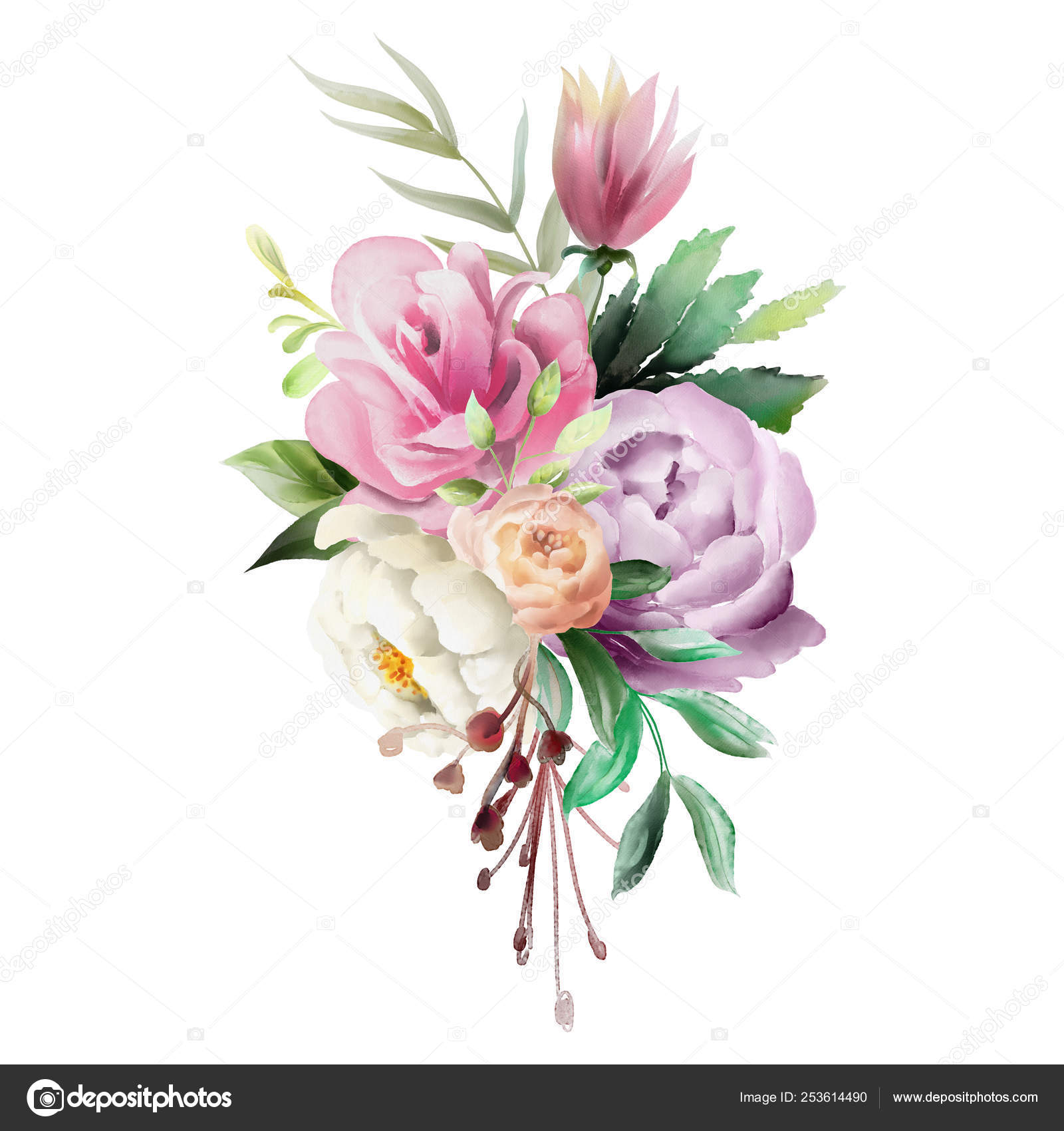 Beautiful Watercolor Floral Whimsical Flowers Pink Roses Creamy Peonies Wedding Stock Photo C Babanna Beautiful Watercolor Floral Whimsical Flowers Pink Roses Creamy Peonies Wedding Stock Photo C Babanna