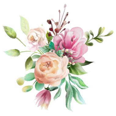 Güzel suluboya çiçek kaprisli çiçekler pembe Gül ve kremsi peonies aranjman beyaz izole düğün