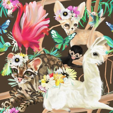 Flamingo, ocelot kedisi, lama, maymun ve sinekkuşları ve kelebekler ile rezene tilki ile Tropikal dikişsiz desen.