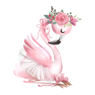 Beyaz arka plan bale elbise çiçek çelenk ile sevimli balerin flamingo