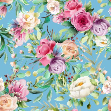 Güzel suluboya çiçek seamless modeli mor ve kremsi peonies, pembe Gül ve yeşil dallar ve yapraklar üzerinde mavi arka plan ile