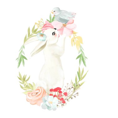 Çiçekler, çiçek çelenk, çerçeve ve küçük şirin kuş ile sevimli beyaz tavşan